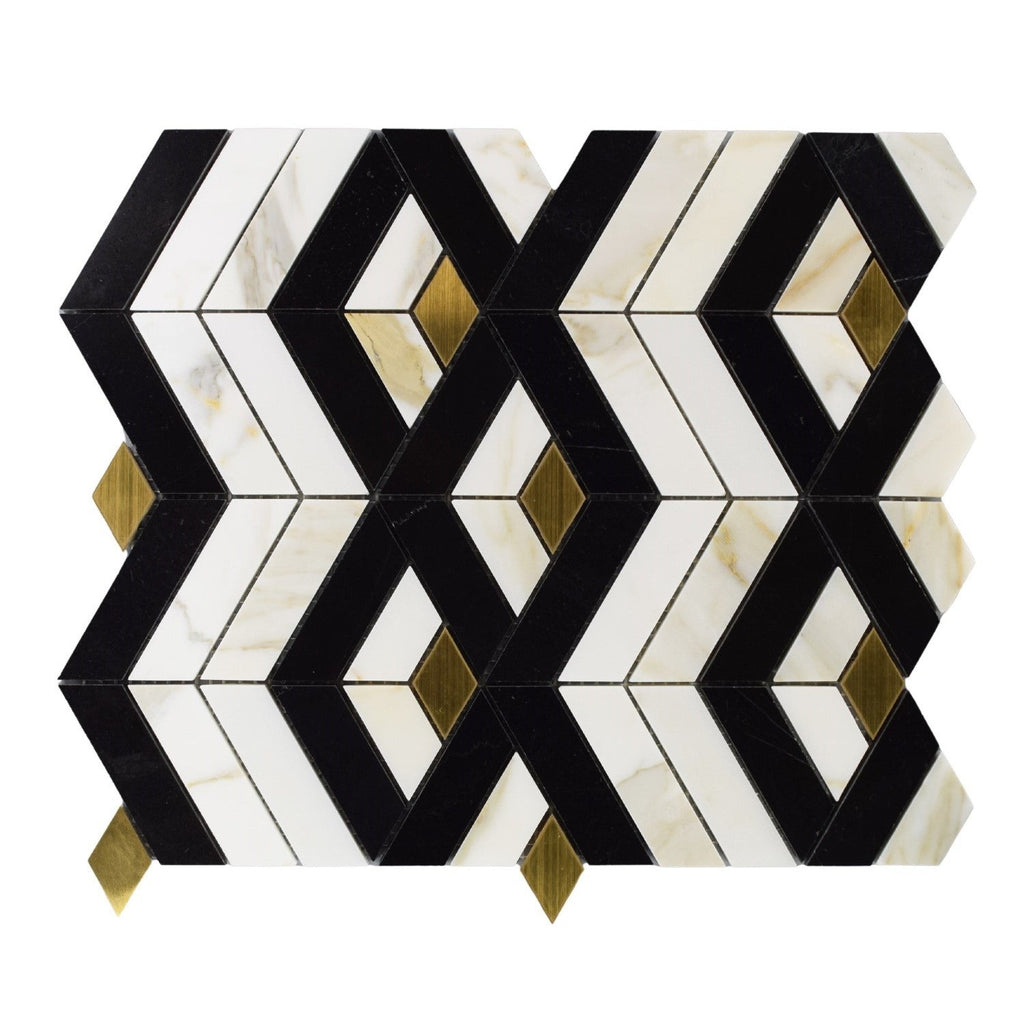 Calacatta Gold, Black Marble & Brass Geometric Mosaic Tile