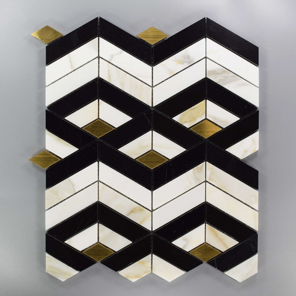 Calacatta Gold, Black Marble & Brass Geometric Mosaic Tile on Gray Background