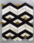 Calacatta Gold, Black Marble & Brass Geometric Mosaic Tile on Gray Background