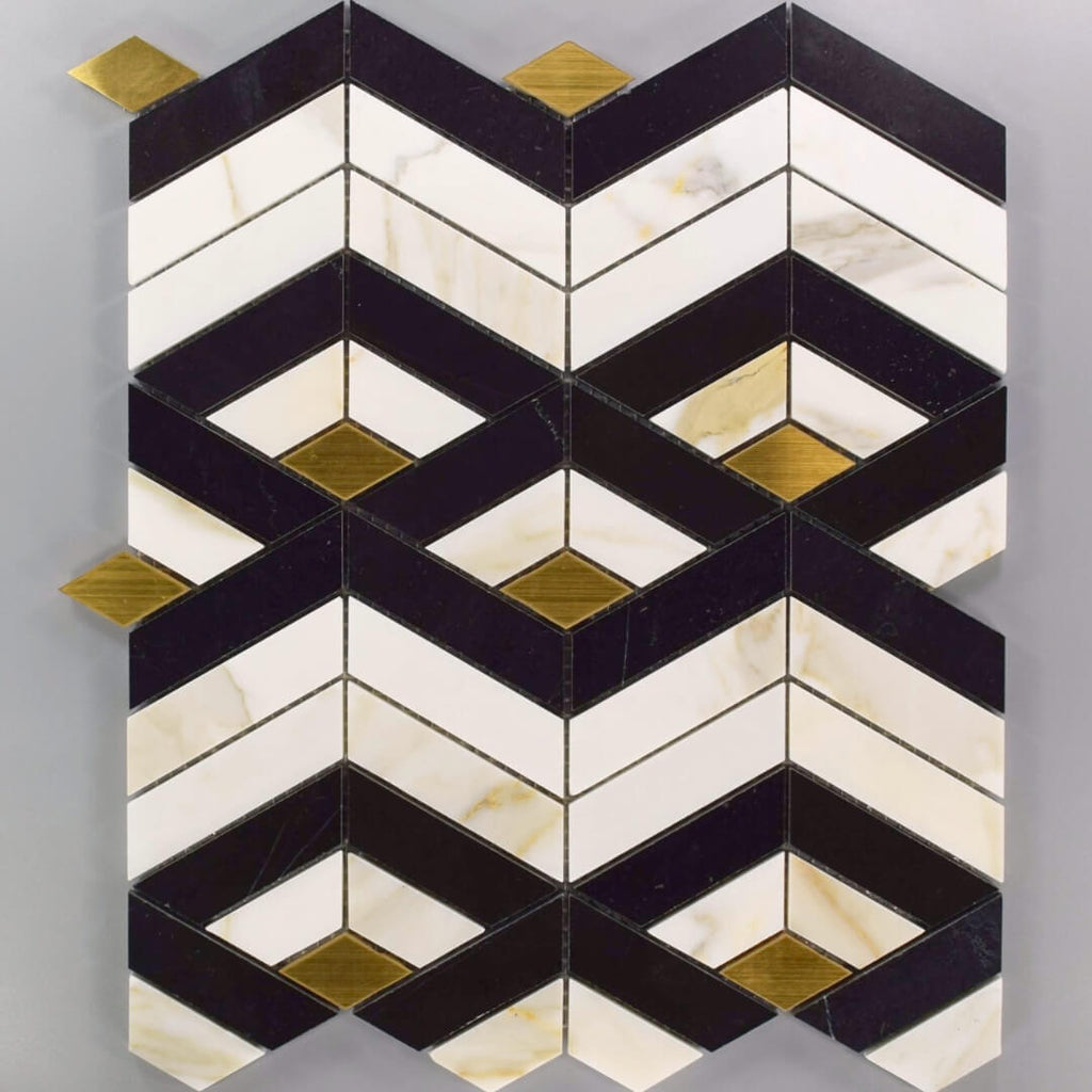 Calacatta Gold & Black Marble Geometric 3D Tile with Brass Inlay - TileBuys