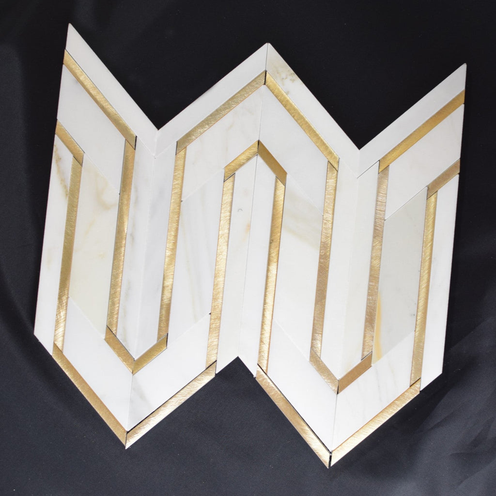Calacatta Gold Marble and Gold Metal Waterjet Mosaic Tile in Greek Key Meandros - TileBuys