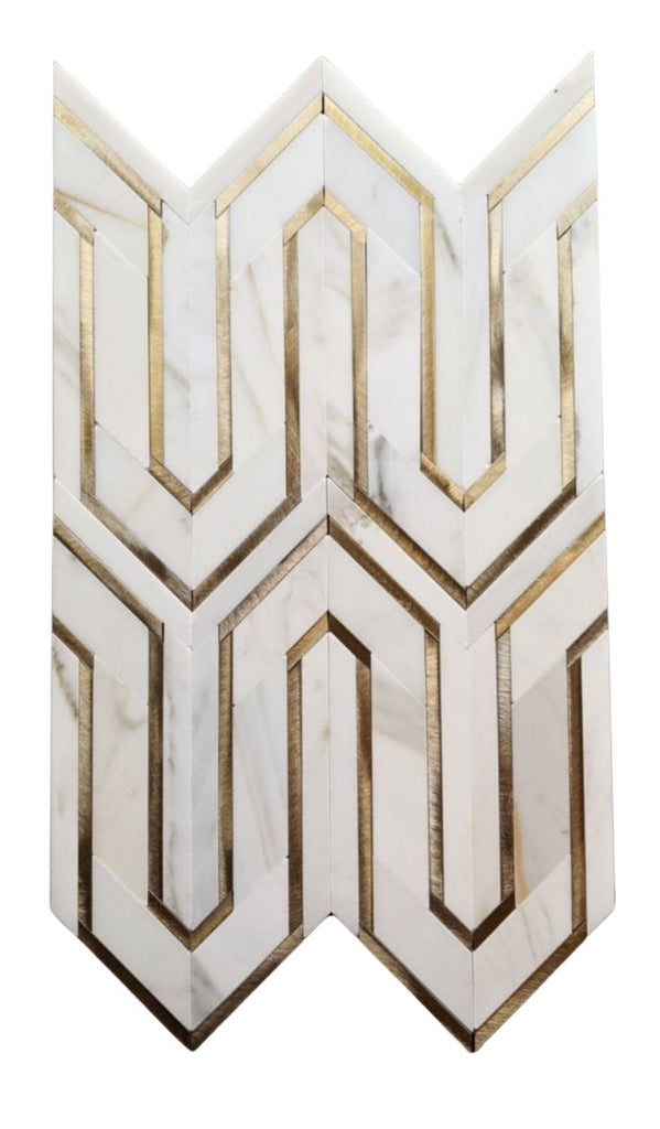 Calacatta Marble and Gold Aluminum Metal Arrow Pattern Waterjet Mosaic Tile