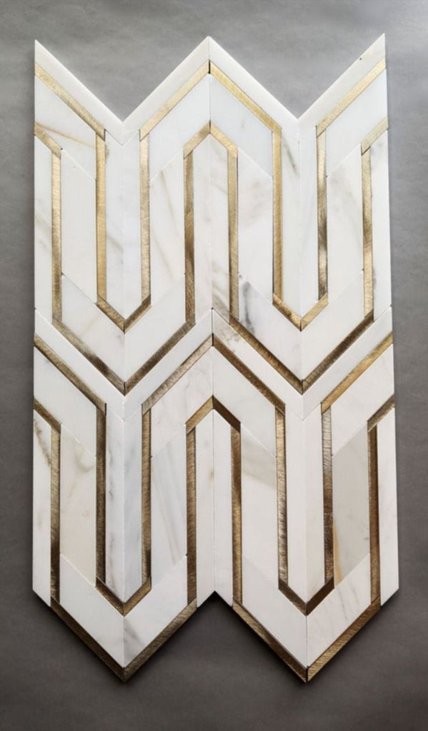 Calacatta Gold Marble and Gold Metal Waterjet Mosaic Tile in Greek Key Meandros - TileBuys