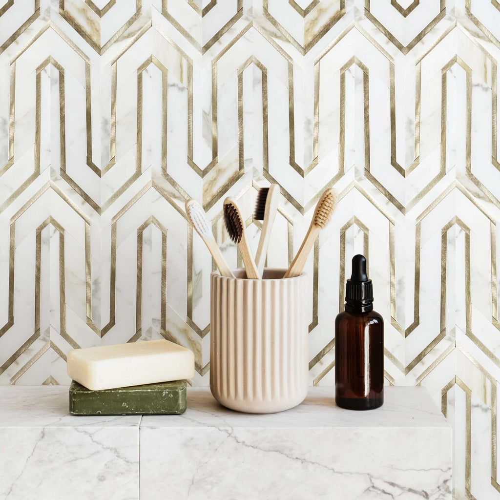 Calacatta Gold Marble and Gold Metal Waterjet Mosaic Tile in Greek Key Meandros - TileBuys