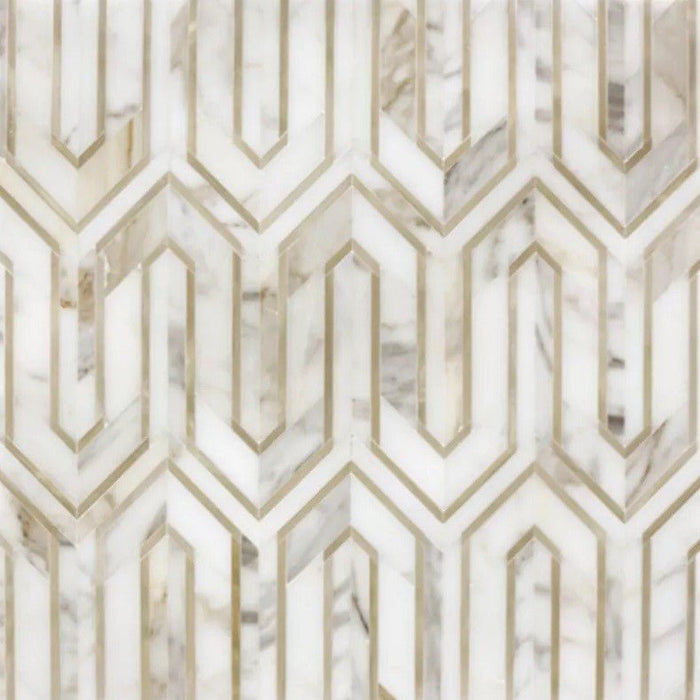 Calacatta Gold Marble and Gold Metal Waterjet Mosaic Tile in Greek Key Meandros - TileBuys