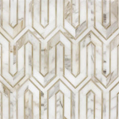 Calacatta Gold Marble and Gold Metal Waterjet Mosaic Tile in Greek Key Meandros - TileBuys