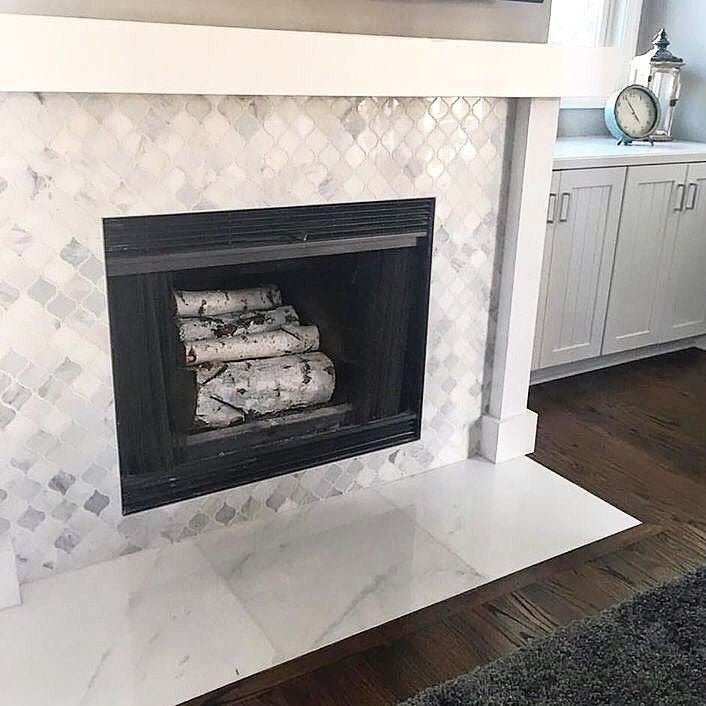 Fireplace with Calacatta Marble Arabesque Tile Surround