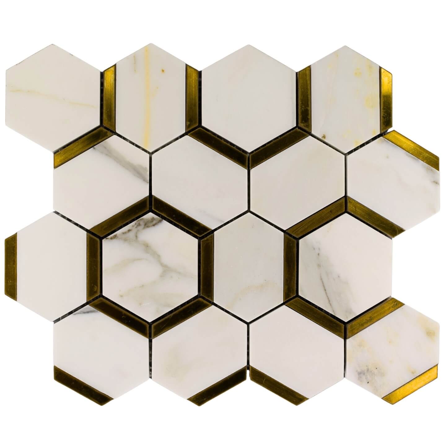 Calacatta Gold Marble with Gold Metal Waterjet Mosaic in Golden Hexagons - TileBuys