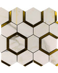 Calacatta Gold Marble with Gold Metal Waterjet Mosaic in Golden Hexagons - TileBuys