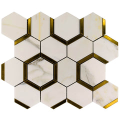 Calacatta Gold Marble with Gold Metal Waterjet Mosaic in Golden Hexagons - TileBuys