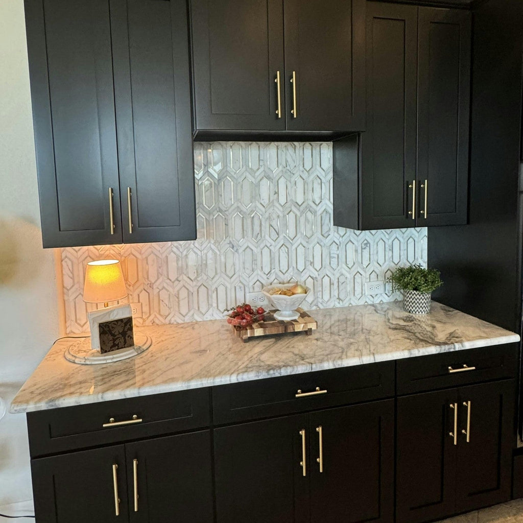 White and Gold Kitchen Picket Tile Backsplash 