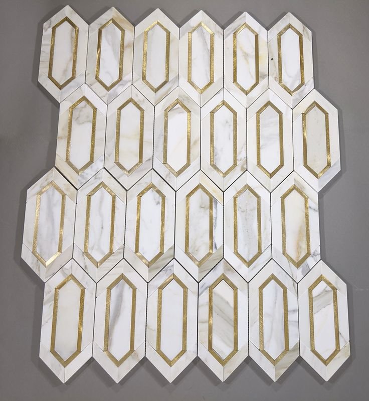 Calacatta Gold Marble with Gold Metal Waterjet Mosaic in Golden Picket - TileBuys