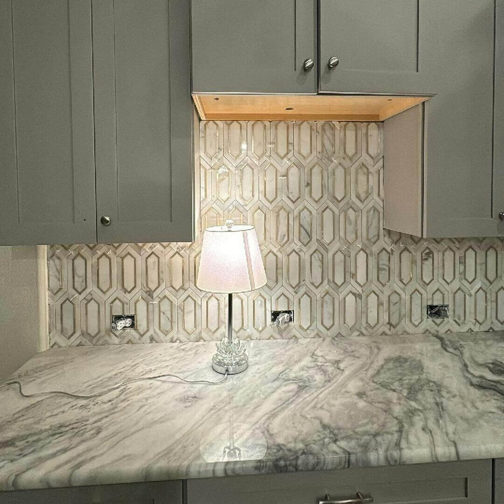White and Gold Picket Tile Backsplash