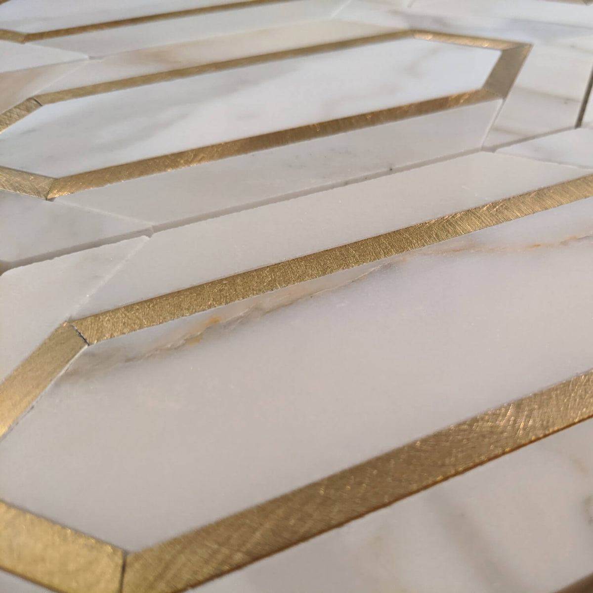 Calacatta Gold Marble with Gold Metal Waterjet Mosaic in Golden Picket - TileBuys
