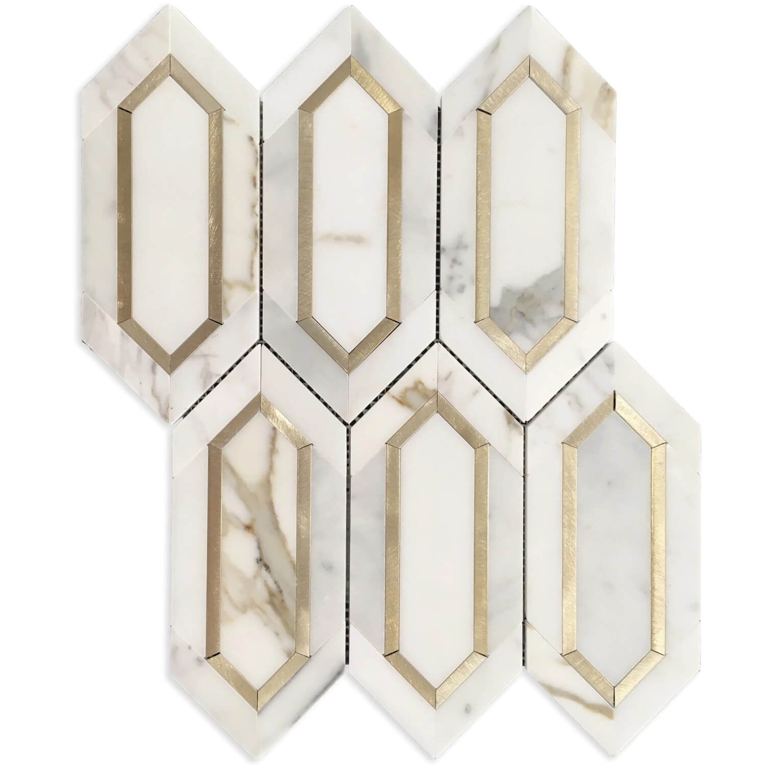 Calacatta Gold Marble with Gold Metal Waterjet Mosaic in Golden Picket - TileBuys