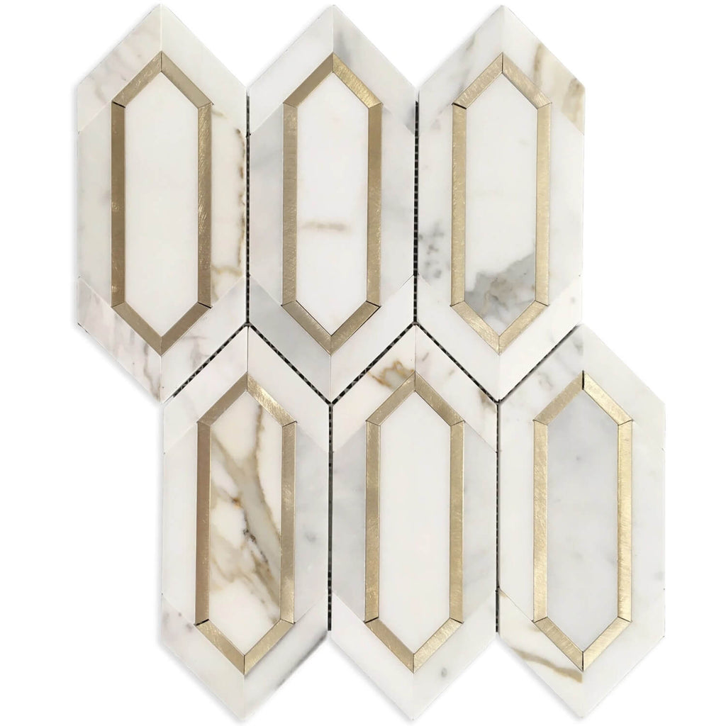 Calacatta Gold Marble with Gold Metal Waterjet Mosaic in Golden Picket - TileBuys