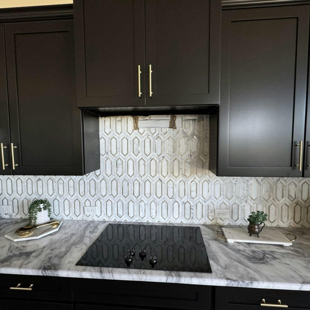 White and Gold Kitchen Picket Tile Backsplash 