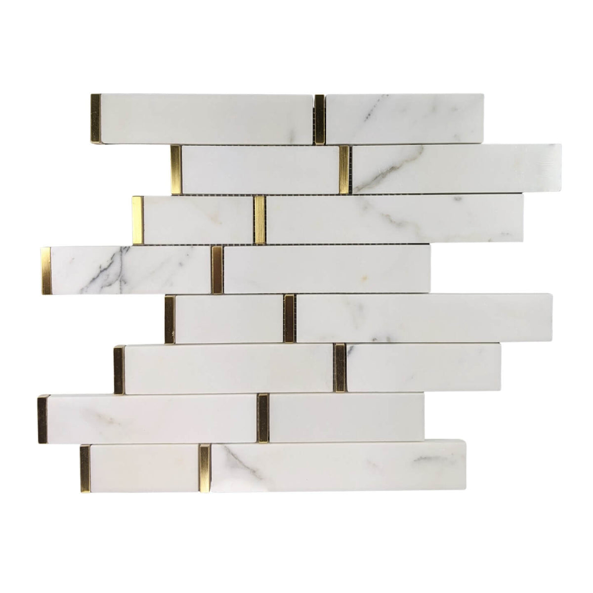 Calacatta Marble Skinny Tile Backsplash with Gold Metal Accent - TileBuys