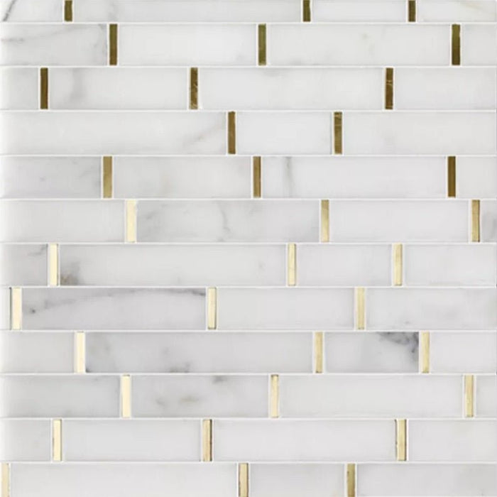 Calacatta Marble Skinny Tile Backsplash with Gold Metal Accent - TileBuys