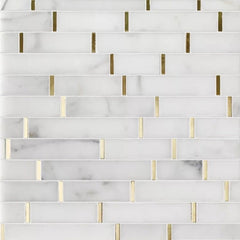 Calacatta Marble Skinny Tile Backsplash with Gold Metal Accent - TileBuys