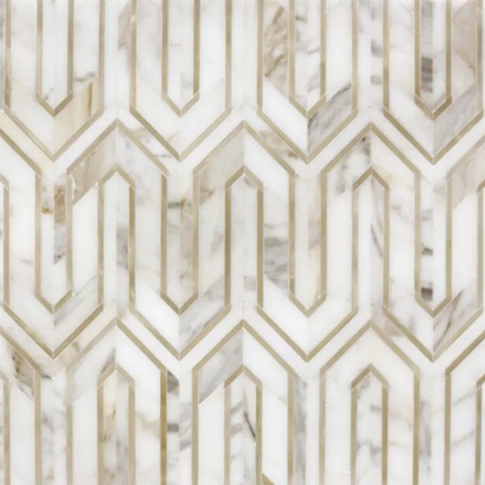Calacatta Marble and Gold Metal Waterjet Mosaic Tile in Greek Key Meandros
