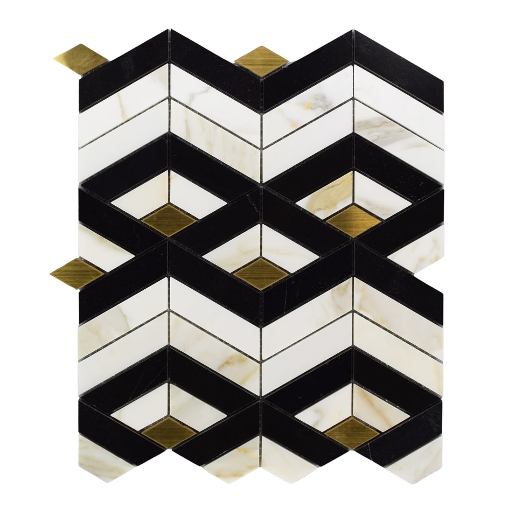 Stacked 3D Chevron Columns Marble Mosaic Tile in Calacatta Gold and Black Marble with Brass Accent