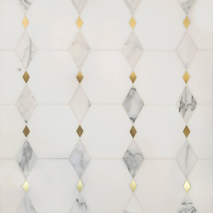 Calacatta and Thassos Marble with Brass Accent Waterjet Mosaic Tile in Falling Diamonds
