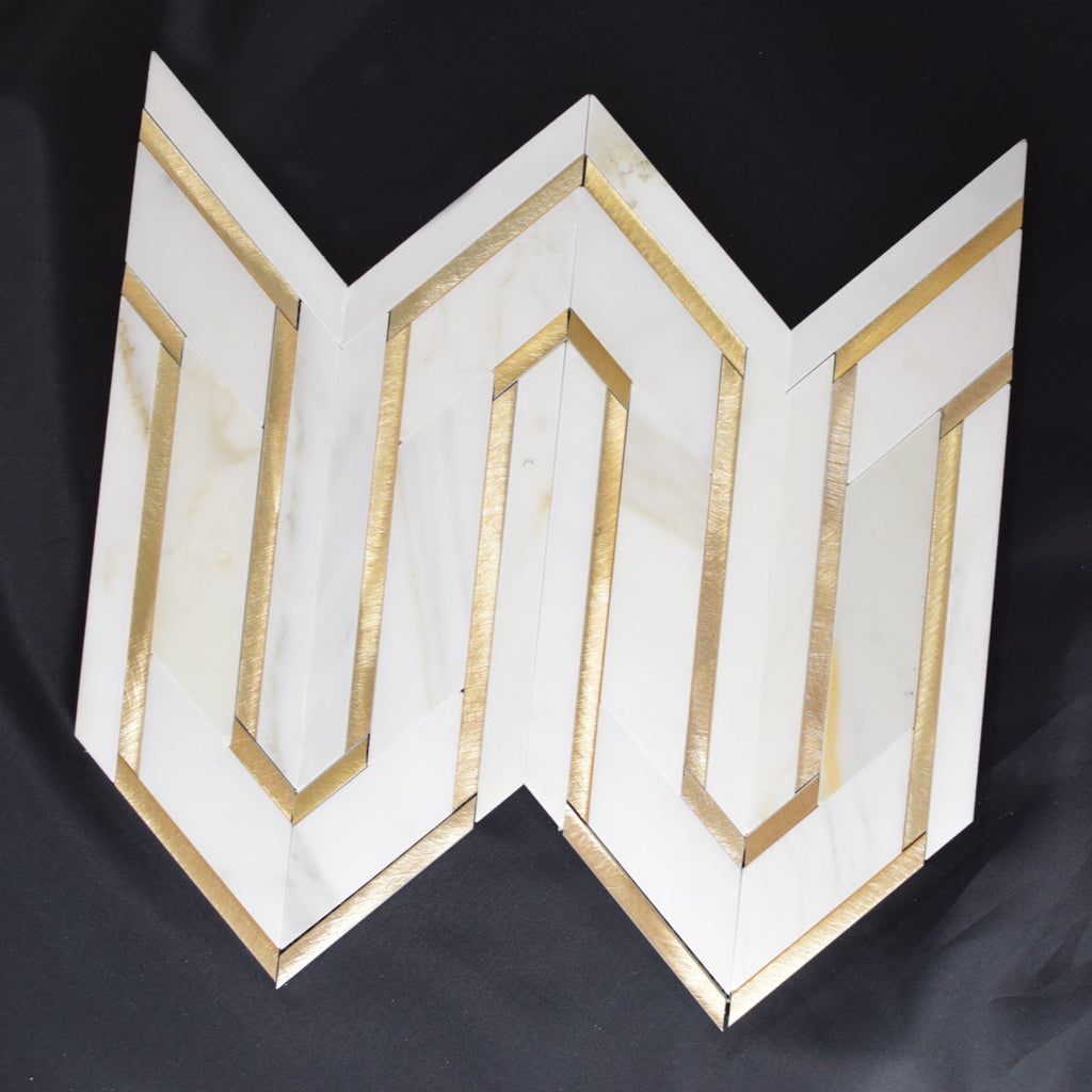 Calacatta Gold Marble and Gold Metal Waterjet Mosaic Tile in Greek Key Meandros