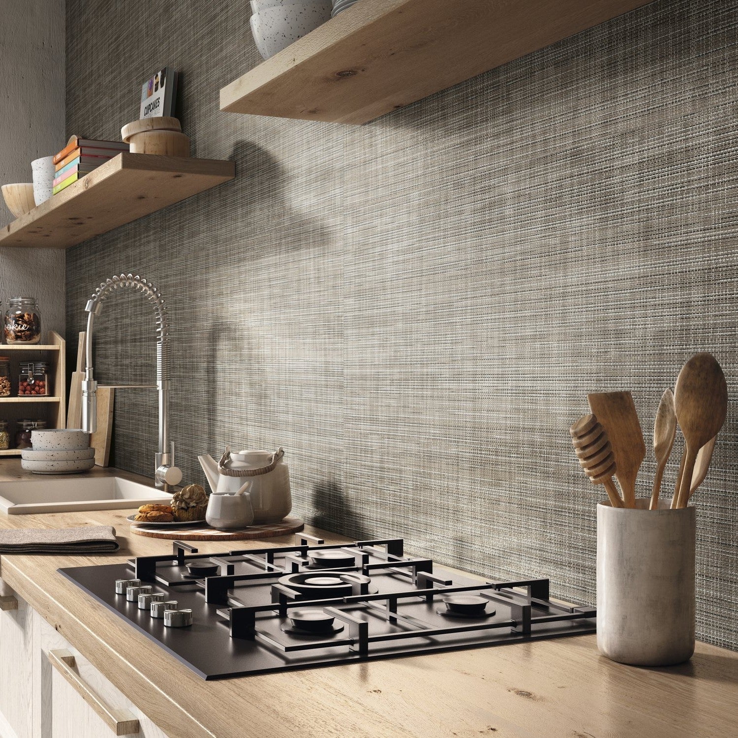 Cappuccino Brown Fabric Look 12x24 Porcelain Tile Kitchen Backsplash