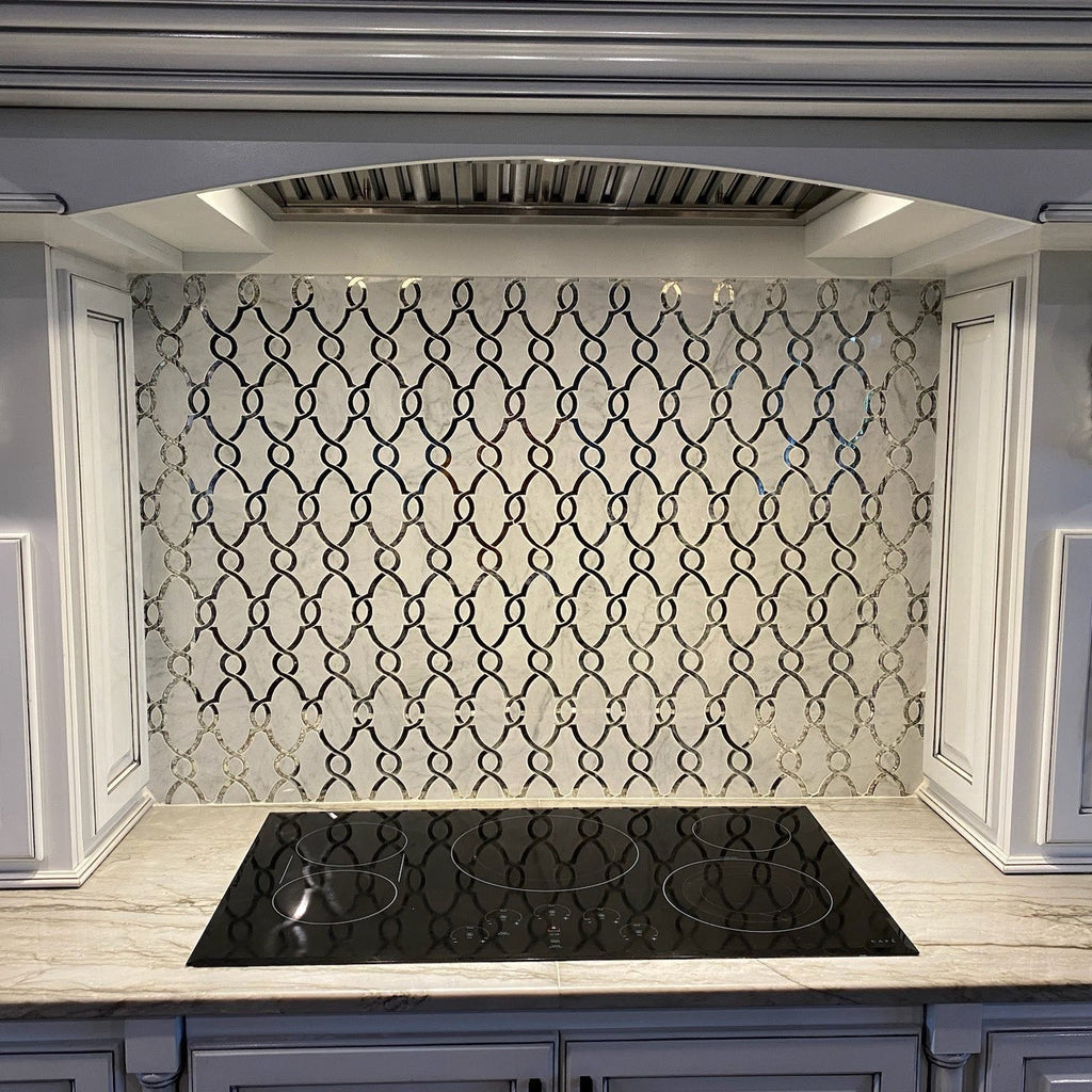 Stove Backsplash Featuring Bellagio Waterjet Mosaic Tile