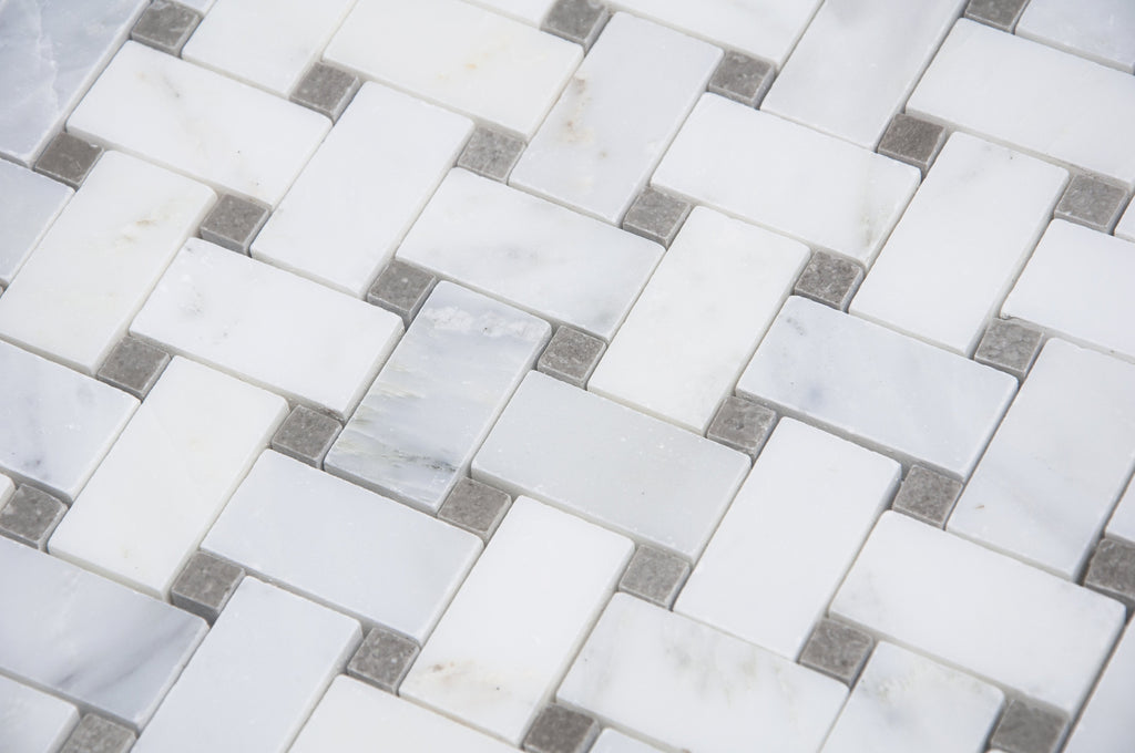 Carrara (Carrera) Venato Marble Mosaic Tile - 1x2" Basketweave Strips with Lady Gray Marble Accent Squares - Polished | TileBuys