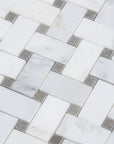 Carrara (Carrera) Venato Marble Mosaic Tile - 1x2" Basketweave Strips with Lady Gray Marble Accent Squares - Polished | TileBuys