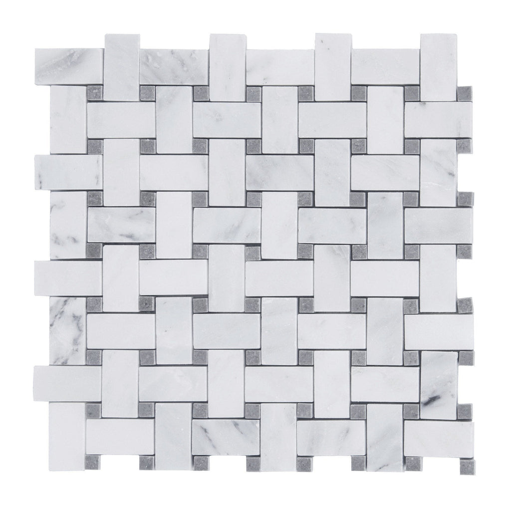 Carrara (Carrera) Venato Marble Mosaic Tile - 1x2" Basketweave Strips with Lady Gray Marble Accent Squares - Polished | TileBuys