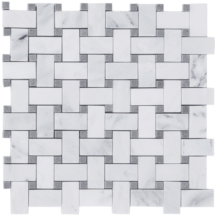 Carrara (Carrera) Venato Marble Mosaic Tile - 1x2" Basketweave Strips with Lady Gray Marble Accent Squares - Polished | TileBuys