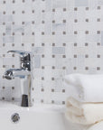 Carrara (Carrera) Venato Marble Mosaic Tile - 1x2" Basketweave Strips with Lady Gray Marble Accent Squares - Polished | TileBuys