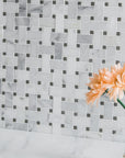 Carrara (Carrera) Venato Marble Mosaic Tile - 1x2" Basketweave Strips with Lady Gray Marble Accent Squares - Polished | TileBuys