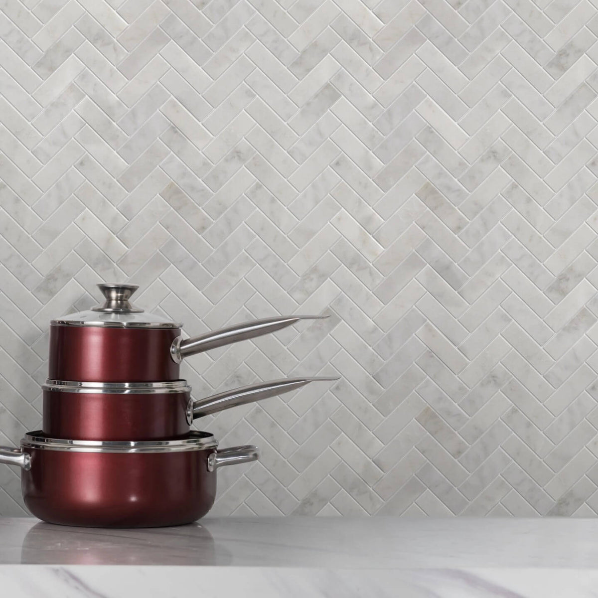 Carrara (Carrera) Venato Marble Mosaic Tile - 1x3” Herringbone - Polished - TileBuys