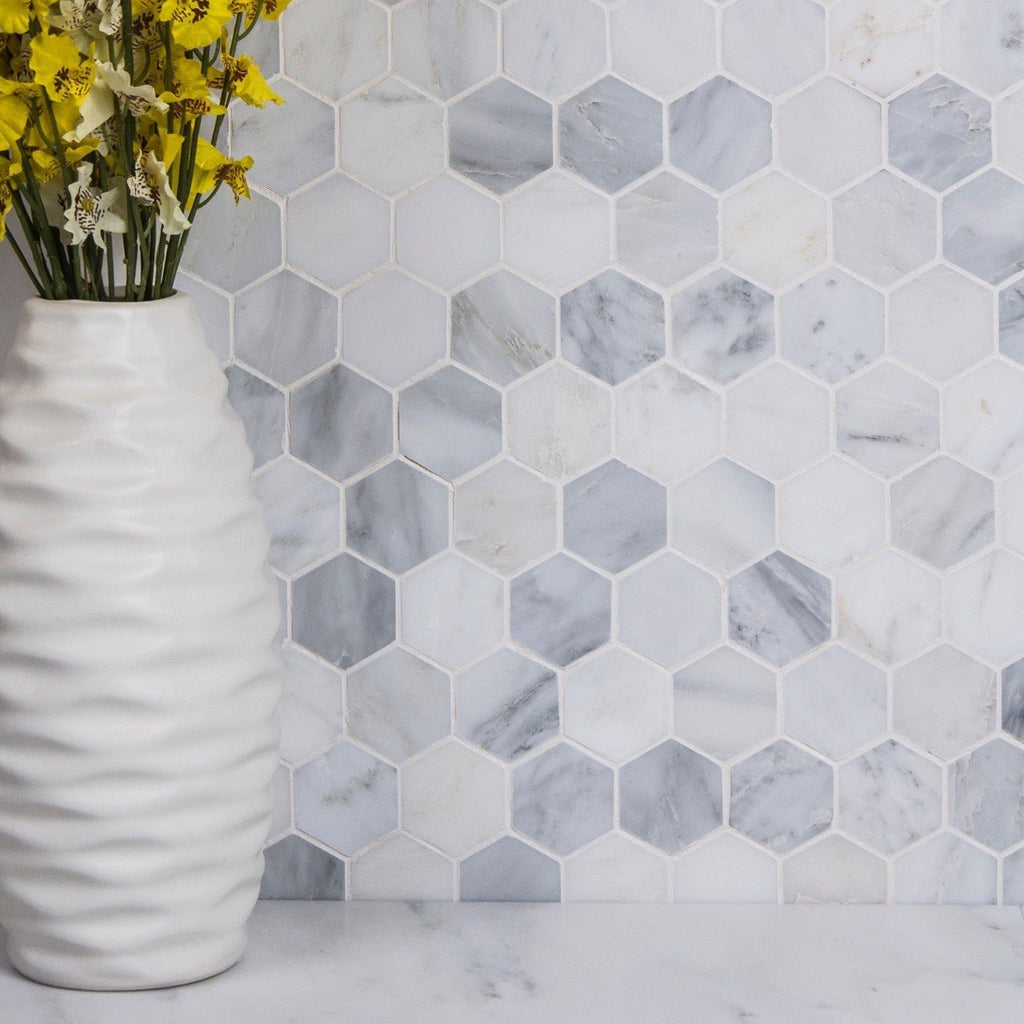 Carrara (Carrera) Venato Marble Mosaic Tile - 2” Hexagons - Polished or Honed - TileBuys