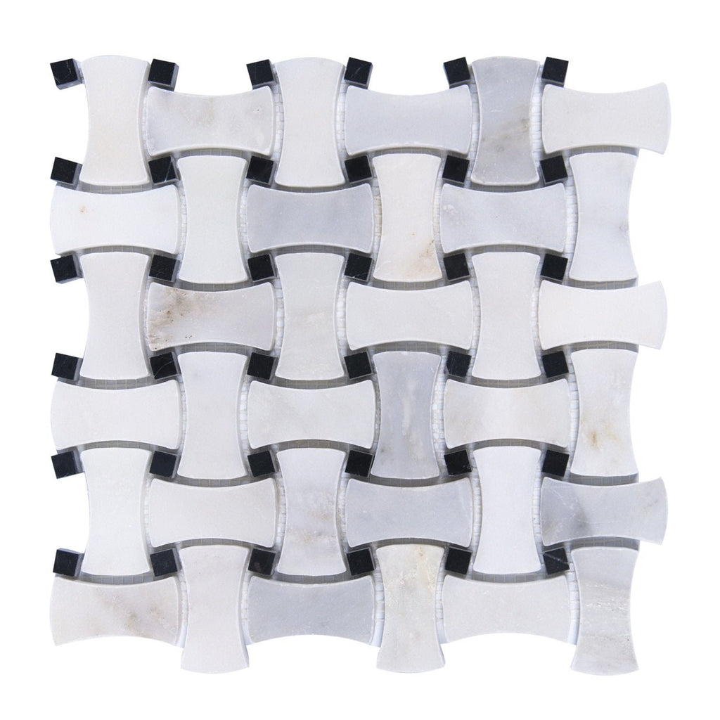 Carrara (Carrera) Venato Marble Mosaic Tile - Bone Basketweave Strips with Black Marble Accent Squares - Polished | TileBuys