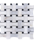 Carrara (Carrera) Venato Marble Mosaic Tile - Bone Basketweave Strips with Black Marble Accent Squares - Polished | TileBuys
