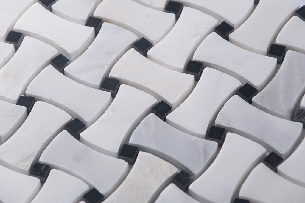 Carrara (Carrera) Venato Marble Mosaic Tile - Bone Basketweave Strips with Black Marble Accent Squares - Polished | TileBuys