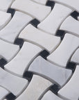 Carrara (Carrera) Venato Marble Mosaic Tile - Bone Basketweave Strips with Black Marble Accent Squares - Polished | TileBuys
