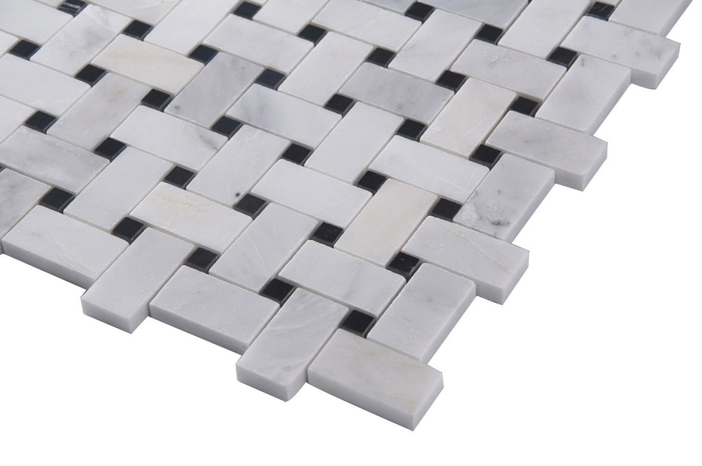 Carrara (Carrera) Venato Mosaic Tile - 1x2" Basketweave Strips with Black Marble Accent Squares - Polished | TileBuys