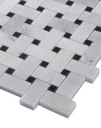 Carrara (Carrera) Venato Mosaic Tile - 1x2" Basketweave Strips with Black Marble Accent Squares - Polished | TileBuys