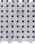 Carrara (Carrera) Venato Mosaic Tile - 1x2" Basketweave Strips with Black Marble Accent Squares - Polished | TileBuys