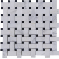 Carrara (Carrera) Venato Mosaic Tile - 1x2" Basketweave Strips with Black Marble Accent Squares - Polished | TileBuys