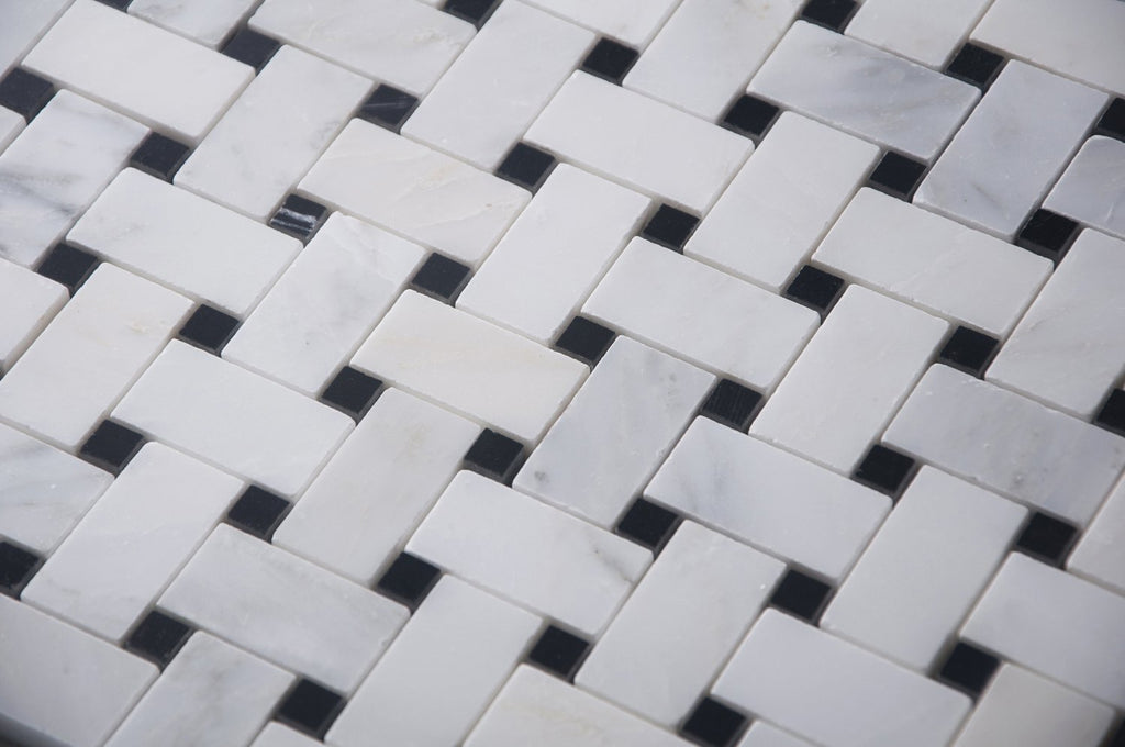 Carrara (Carrera) Venato Mosaic Tile - 1x2" Basketweave Strips with Black Marble Accent Squares - Polished | TileBuys