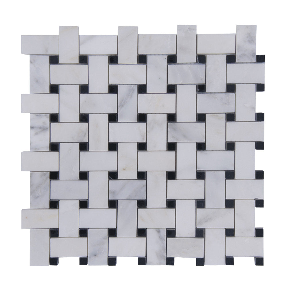 Carrara (Carrera) Venato Mosaic Tile - 1x2" Basketweave Strips with Black Marble Accent Squares - Polished | TileBuys