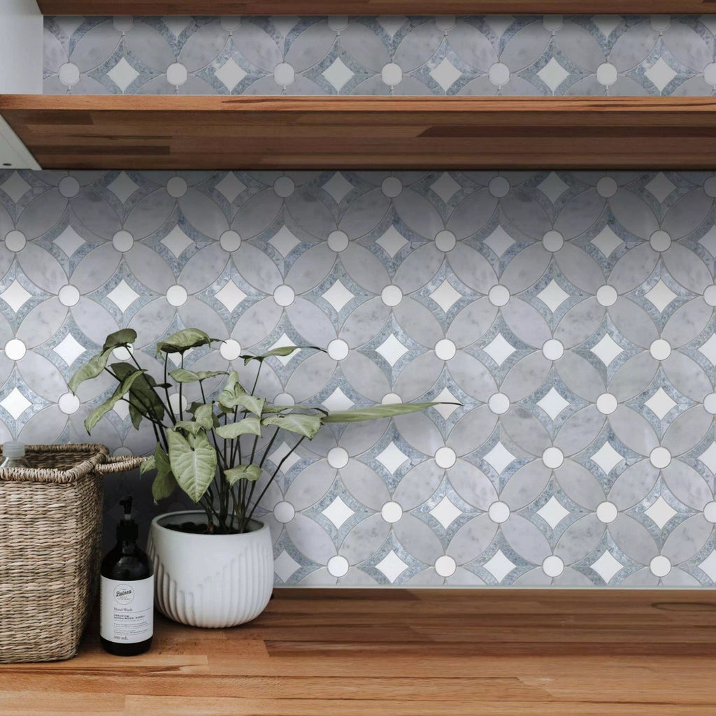 Carrara, Thassos and Argentina Blue Marble Waterjet Mosaic Tile in Tatius - TileBuys