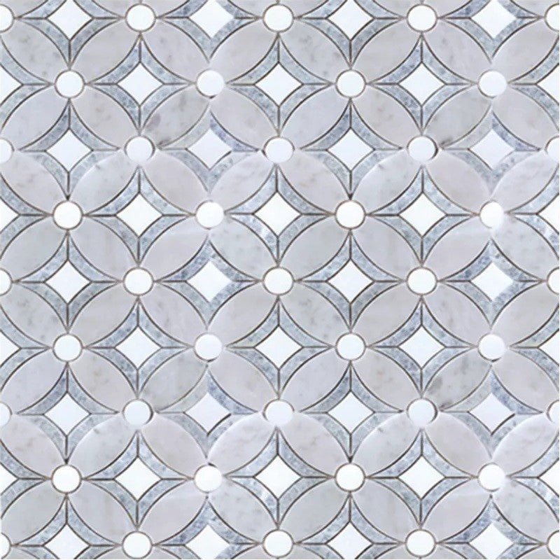 Carrara, Thassos and Argentina Blue Marble Waterjet Mosaic Tile in Tatius - TileBuys